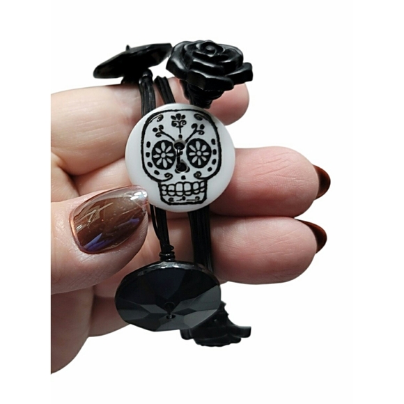 Artisan Jewelry - Whimsical Sugar Skull Wire Wrapped Set of 3 Bangles